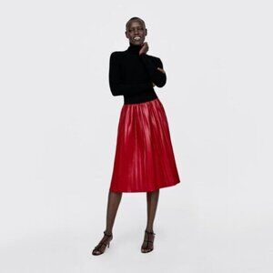 NWOT Zara rich dark red faux leather pleated A-line midi skirt M